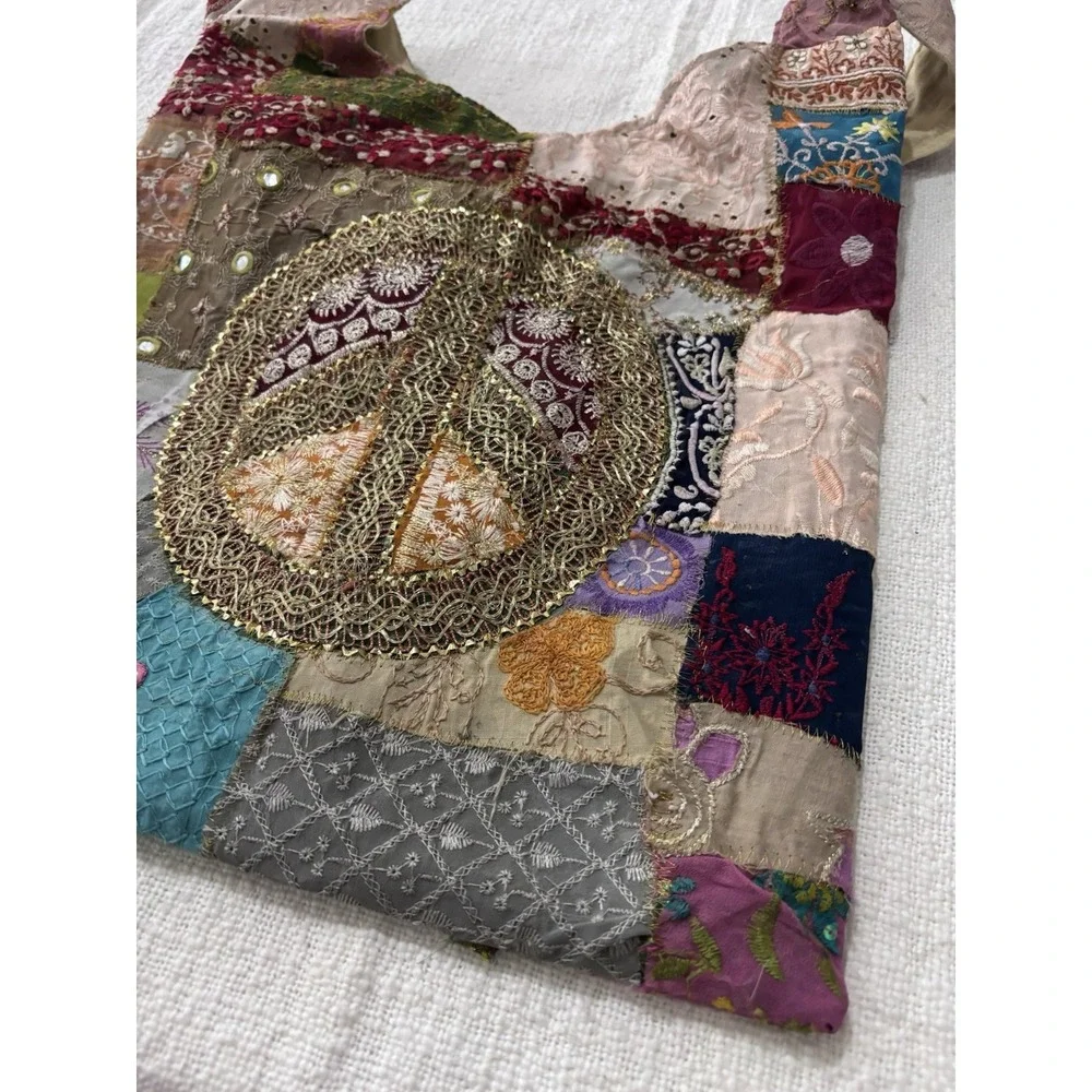 Bohemian Embroidered Multicolor Sling Bag Beaded Peace Sign Festival Concert‎